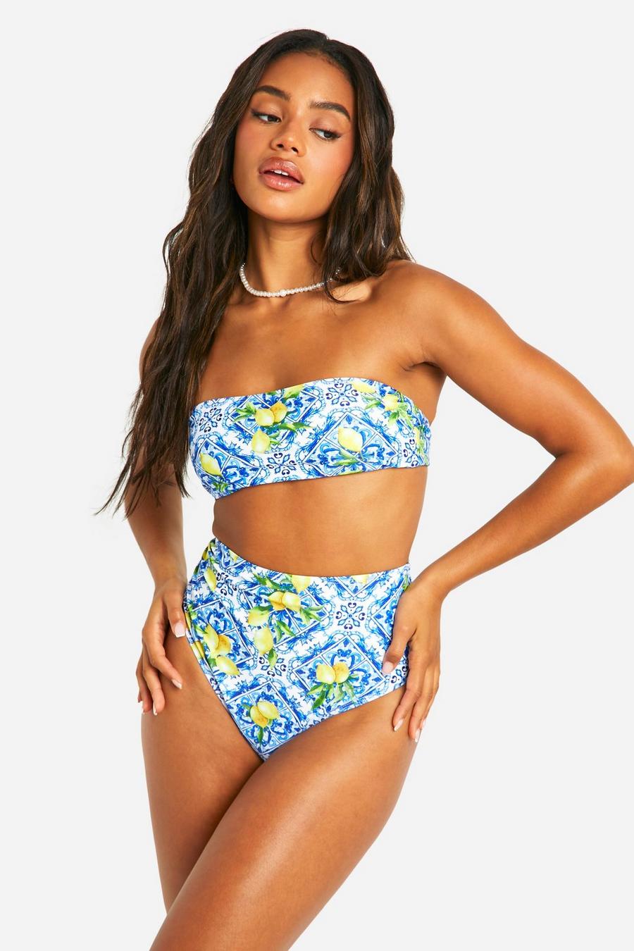 Blue Lemon Tile Print Bandeau Bikini Top