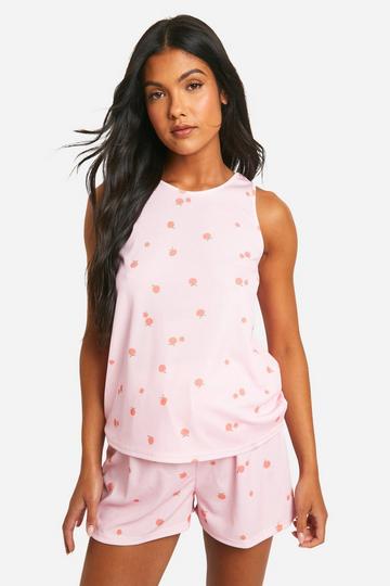 Pink Maternity Peach Print Ribbed Tank Top And Short Pajama Set