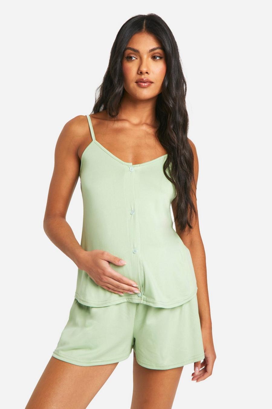 Sage Maternity Button Down Cami And Short Pajama Set image number 1