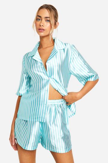 Green Stripe Button Up Satin Pj Short Set light green