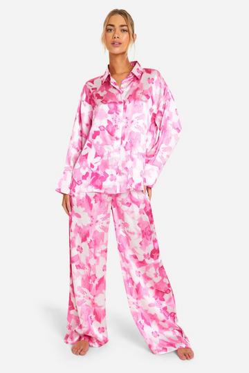 Pink Floral Print Satin Pj Set