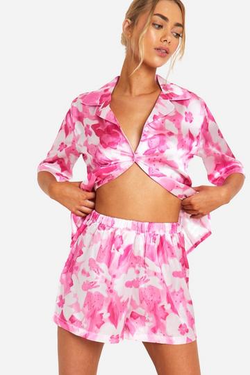 Floral Print Satin Pj Short Set pink