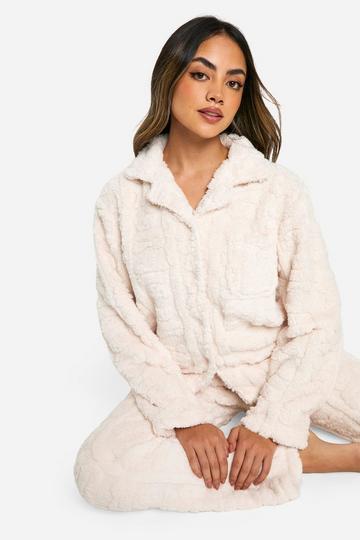 Bear Embossed Button Up Fleece Pj Set cream