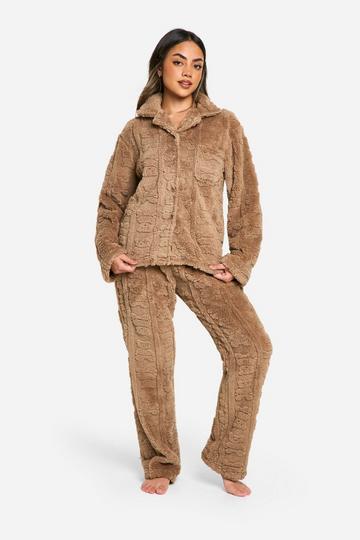 Bear Embossed Button Up Fleece Pj Set brown