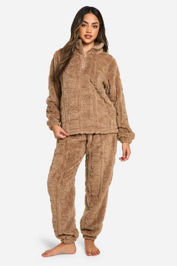 Bear Embossed Zip Up Fleece Sweatpant Set brown