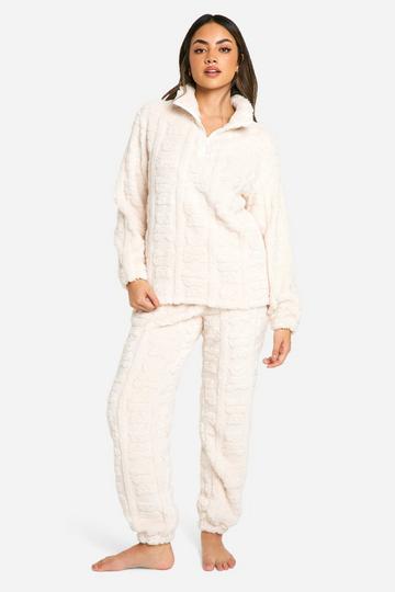 Bear Embossed Zip Up Fleece Sweatpant Set cream