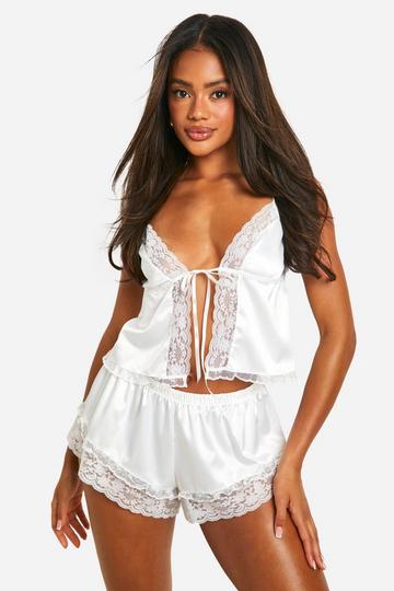 White Premium Bridal Lace Trim Cami And Short Set