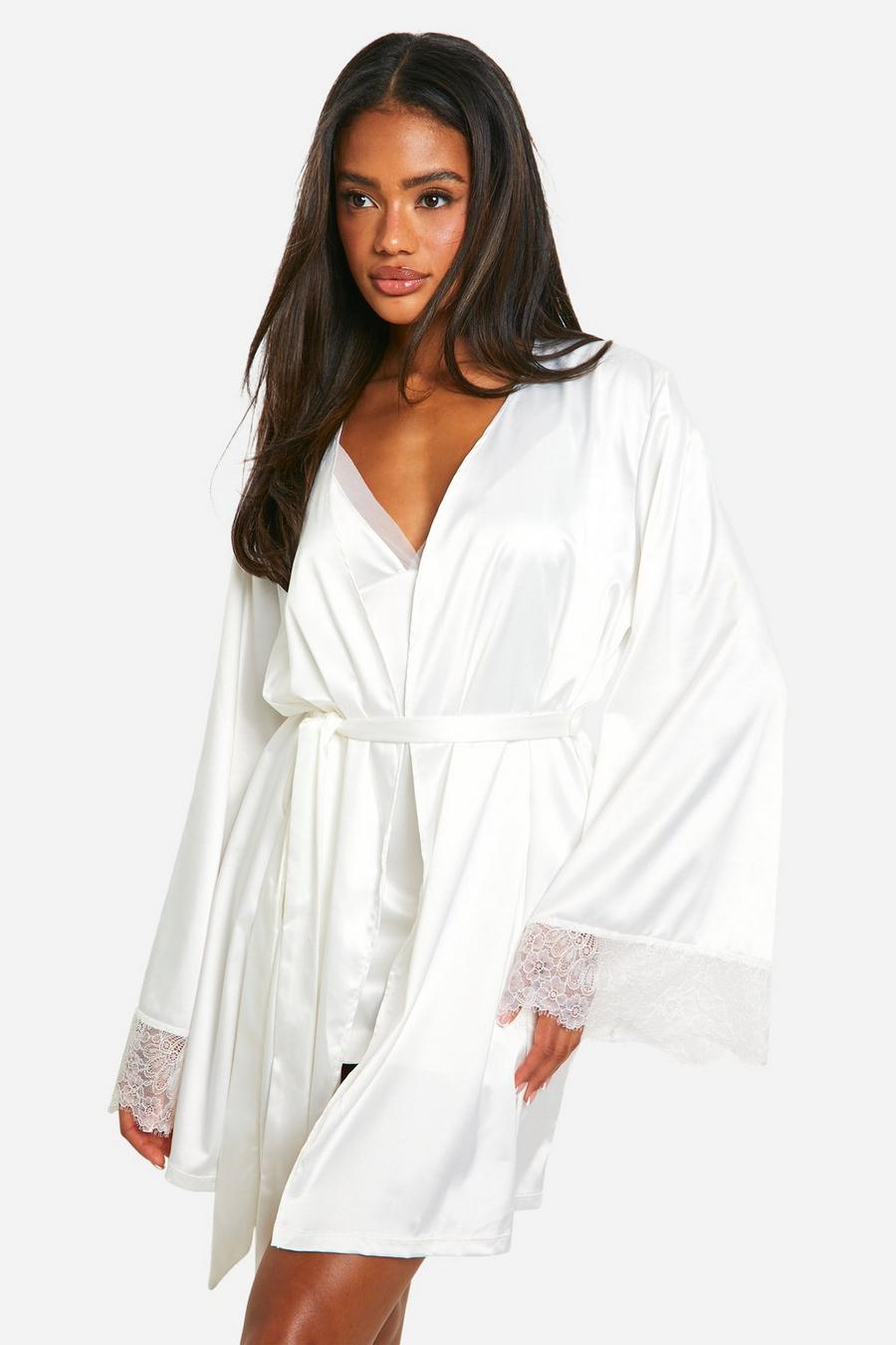 White Premium Bridal Short Satin Lace Trim Robe