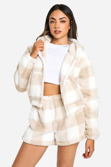 Fleece Tonal Check Zip Through Sweat And Shorts Set cream