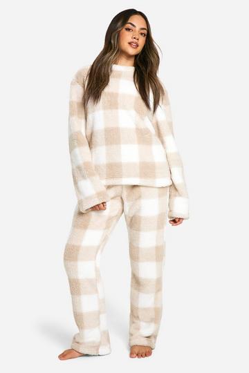 Tonal Fleece Check Sweat And Pants Lounge Set cream