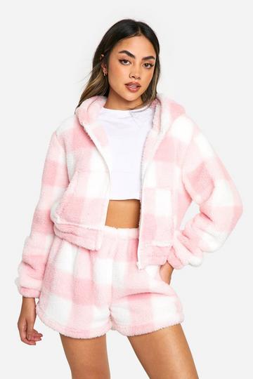 Pink Fleece Check Zip Through Sweat And Shorts Set pink