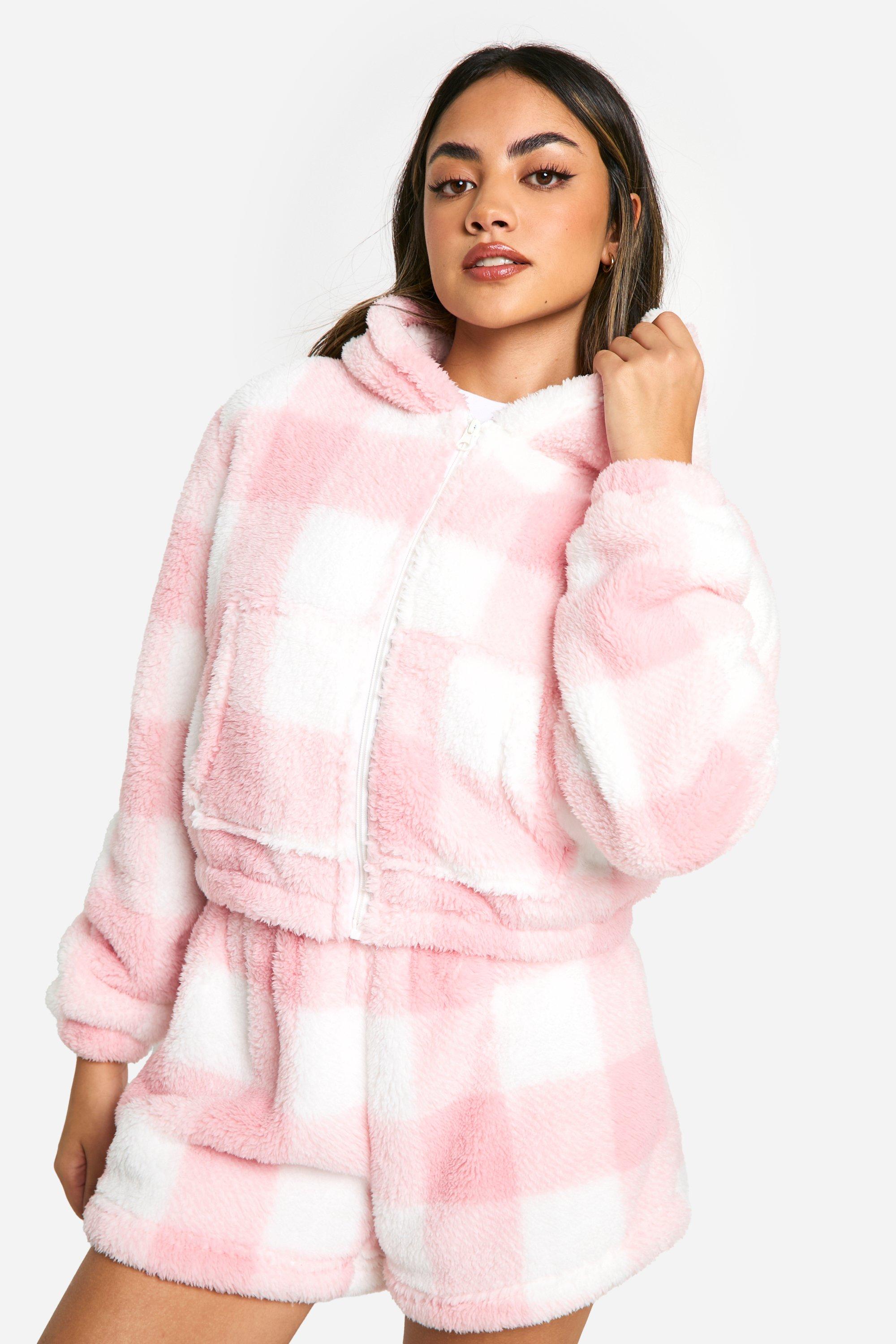 Pink Fleece Check Zip Through Sweat And Shorts Set boohoo