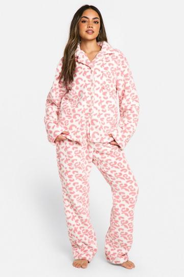 Pink Pink Leopard Fleece Button Pajama Set