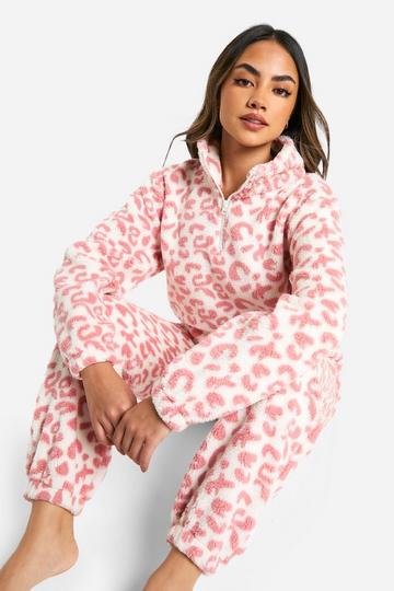 Pink Leopard Fleece Zip Through And Jogger Set pink