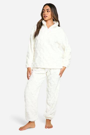 Star Embossed Fleece Zip Through And Sweatpant Set cream