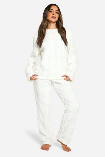 Embossed Fleece Sweater And Wide Leg Lounge Set cream