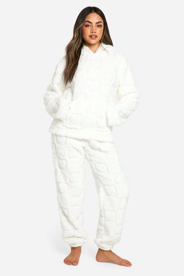 Heart Embossed Fleece Hoody And Jogger Set cream