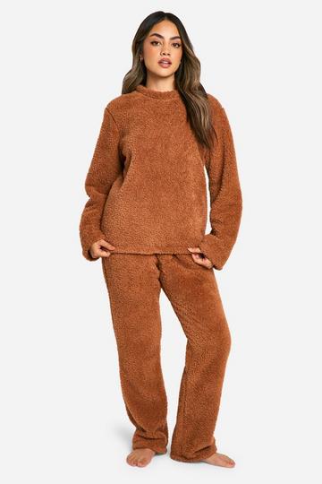 Fleece Bouclé Trui En Wide Leg Joggingbroek Set brown