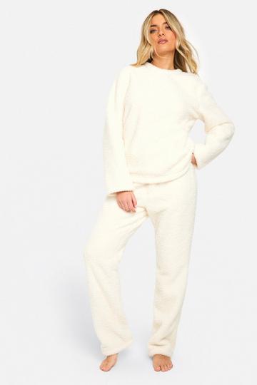 Boucle Fleece Sweat And Wide Leg Sweatpant Set cream