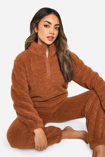 Boucle Fleece Zip Sweat And Track Pants Set brown