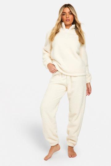 Fleece Bouclé Trui Met Rits En Joggingbroek Set cream