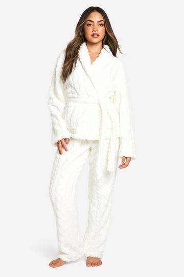 Cable Knit Fleece Wrap Top And Trouser Set cream