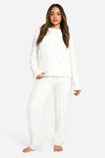 Cream White Cable Knit Fleece Sweat And Pants Lounge Set