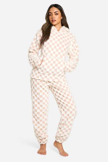 Pink Baby Pink Fleece Checkerboard Hoodie And Jogger Set