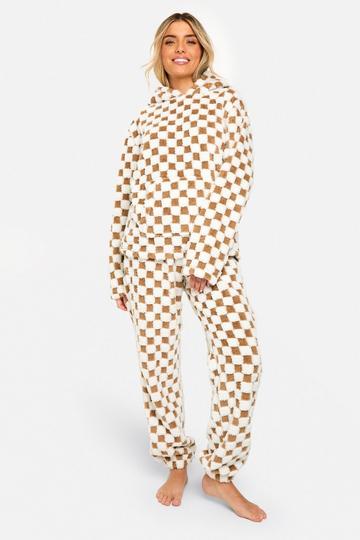 Fleece Tonal Checkerboard Hoodie And Jogger Set brown