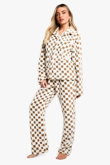 Fleece Tonal Checkerboard Button Front Pj Set brown