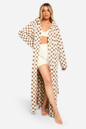 Tonal Checkerboard Maxi Fleece Dressing Gown brown