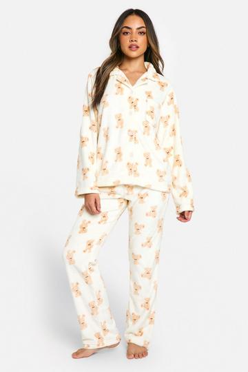 Bear Fleece Button Front Pyjama Set cream