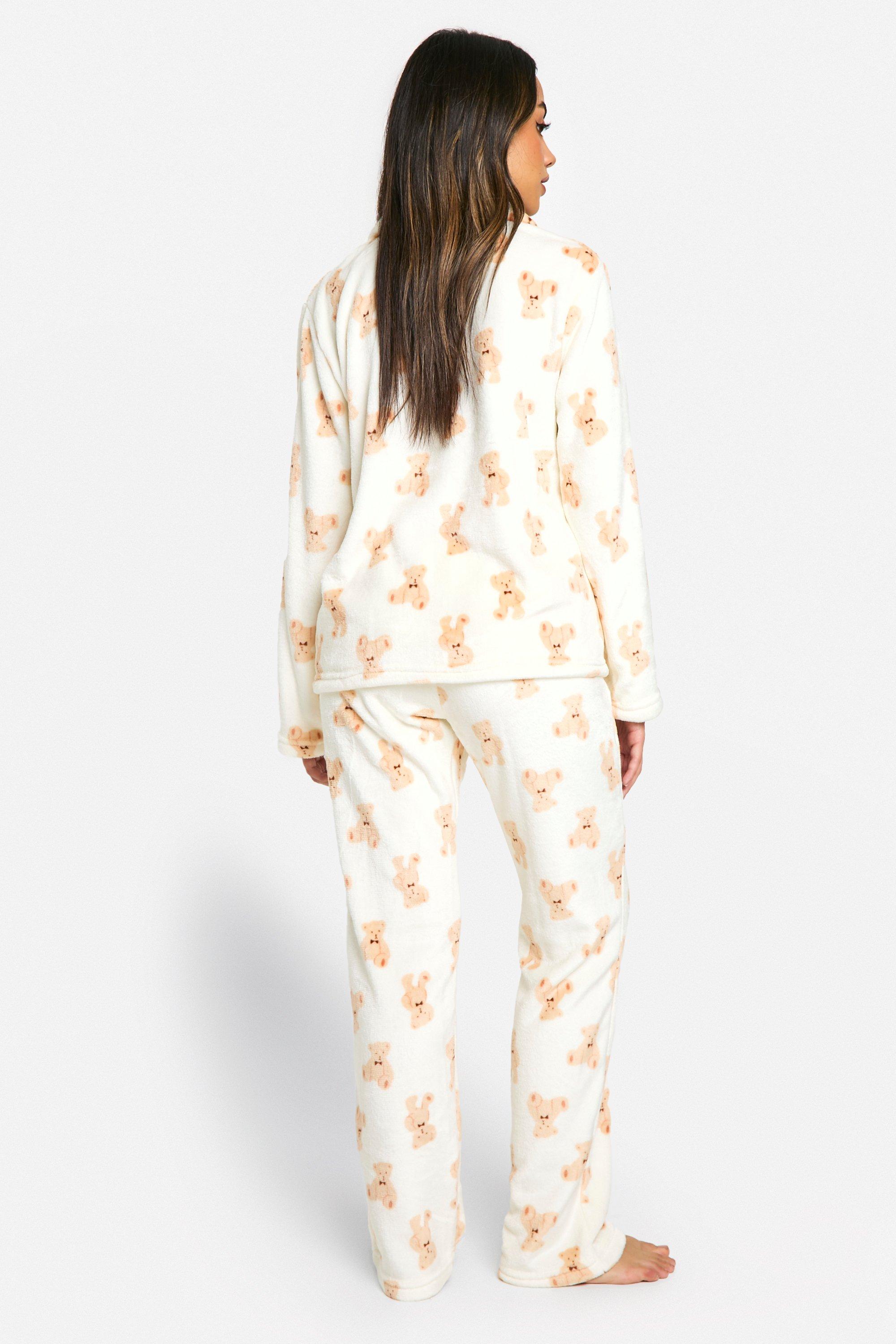 Bear Fleece Button Front Pyjama Set boohoo UK