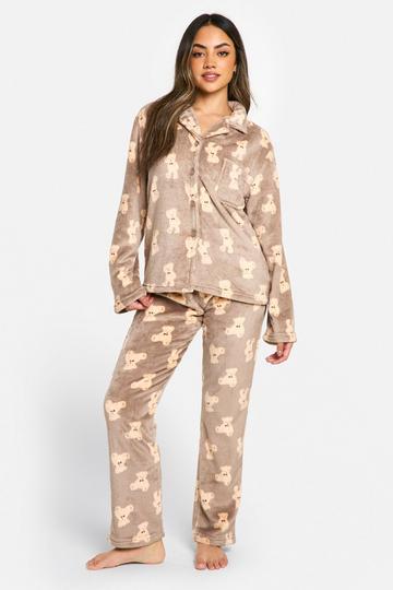 Bear Fleece Button Front Pyjama Set brown