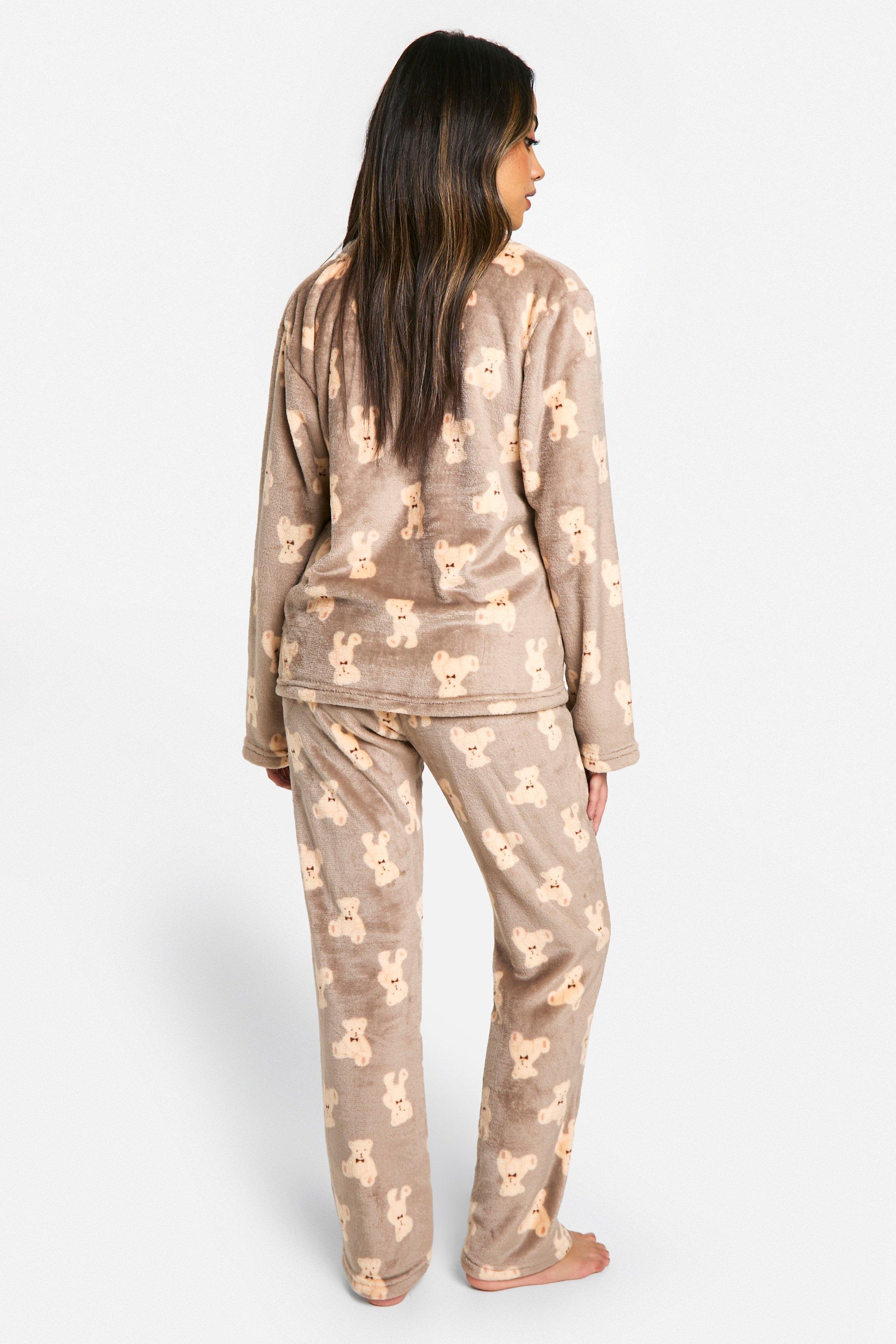 Bear Fleece Button Front Pyjama Set boohoo
