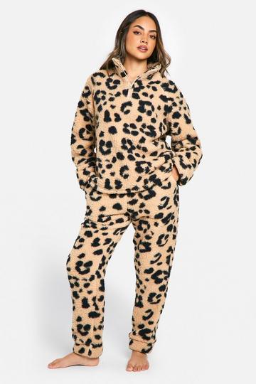 Half Zip Leopard Fleece Jogger Lounge Set leopard