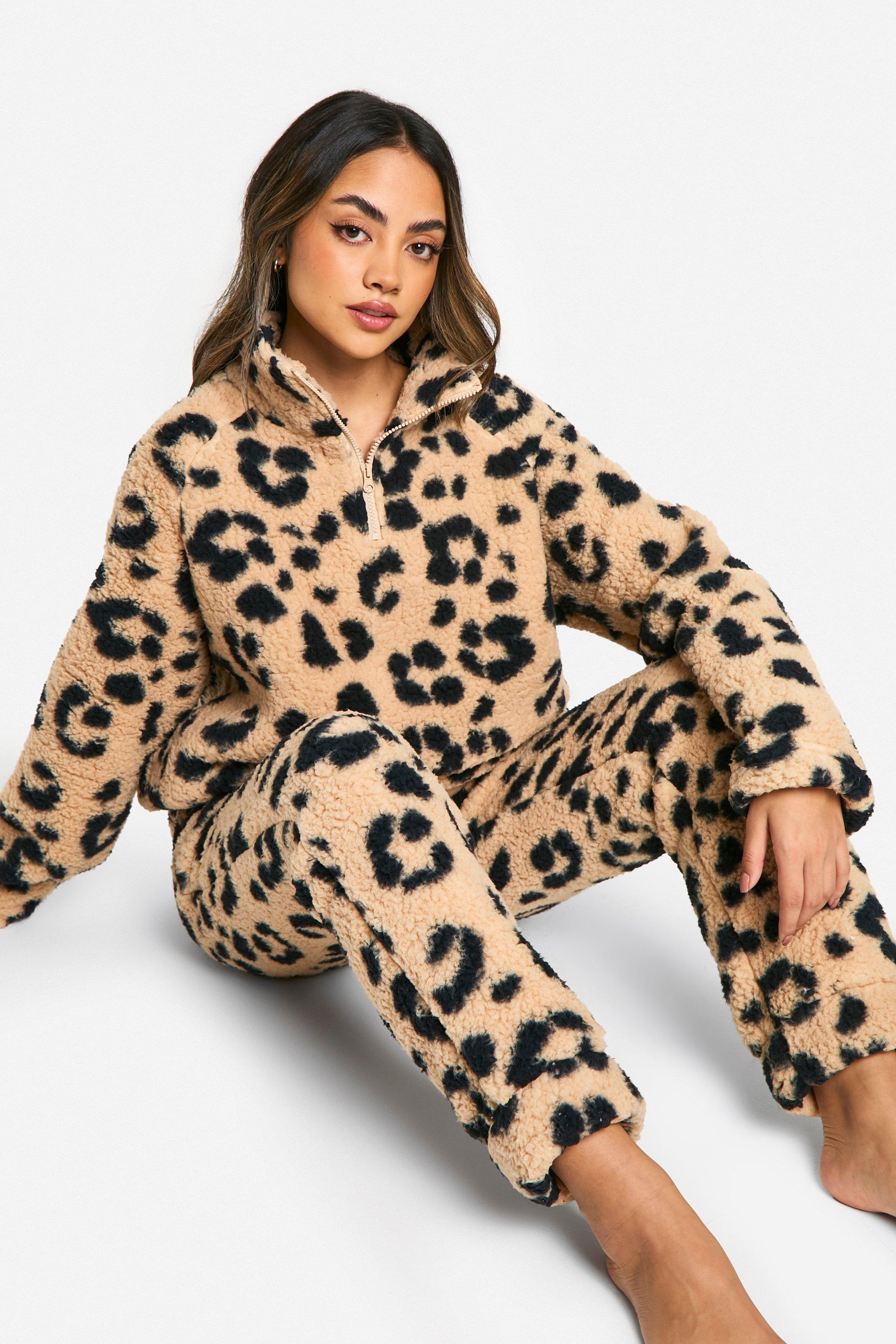 Half Zip Leopard Fleece Jogger Lounge Set boohoo