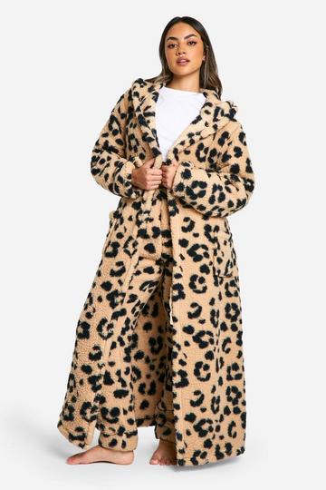 Leopard Fleece Borg Hooded Dressing Gown leopard