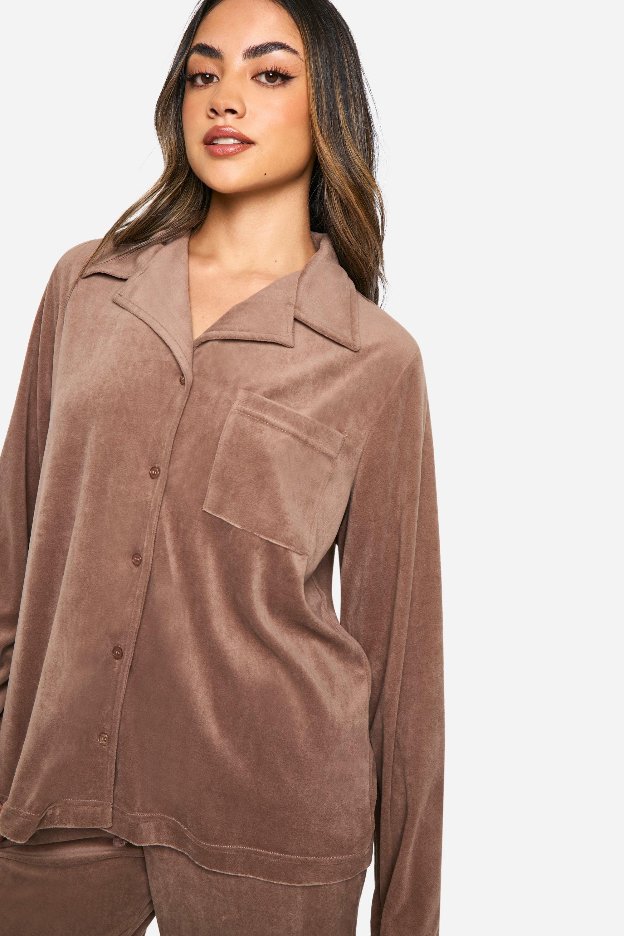 Boohoo Women s Velour Fleece Button Up Trouser Pj Set Brown