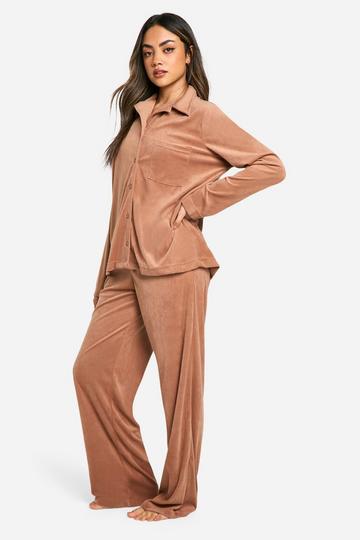 Velour Fleece Button Up Trouser Pj Set caramel