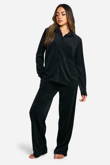 Velour Fleece Button Up Trouser Pj Set black