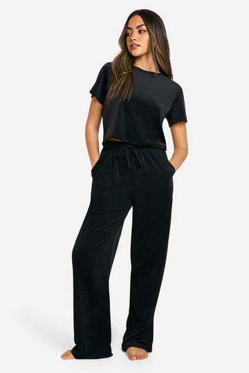 Velour Baby Tee And Wide Leg Pants Set black