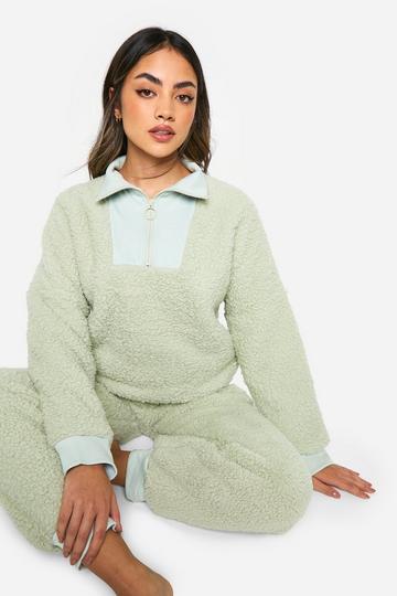 Rib Fleece Half Zip And Track Pants Lounge Set sage