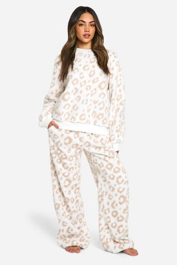 Cream White Fleece Tonal Leopard Sweat And Wide Leg Jogger Set