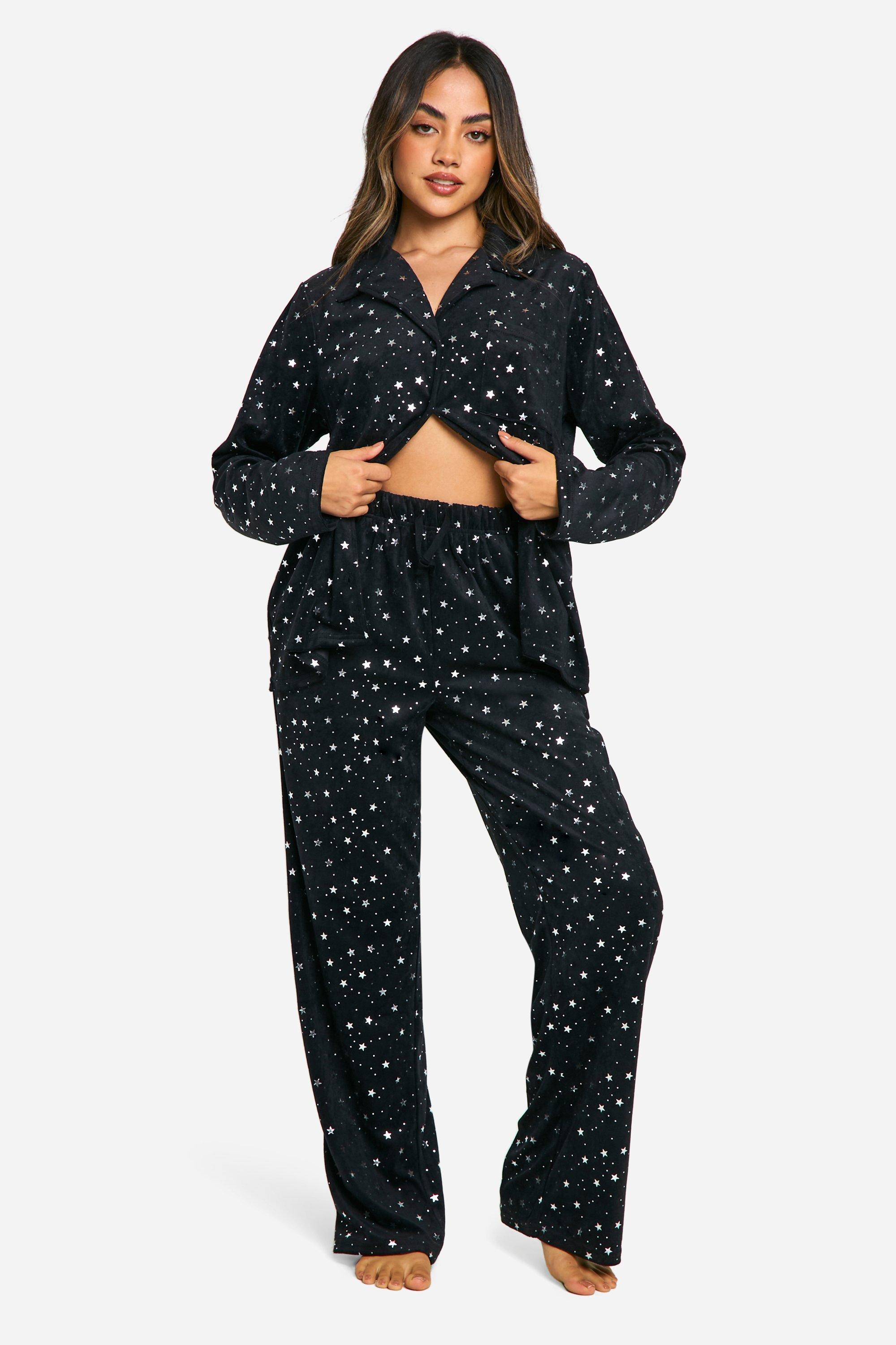 Boohoo Women s Metallic Star Fleece Trouser Pyjama Set Black