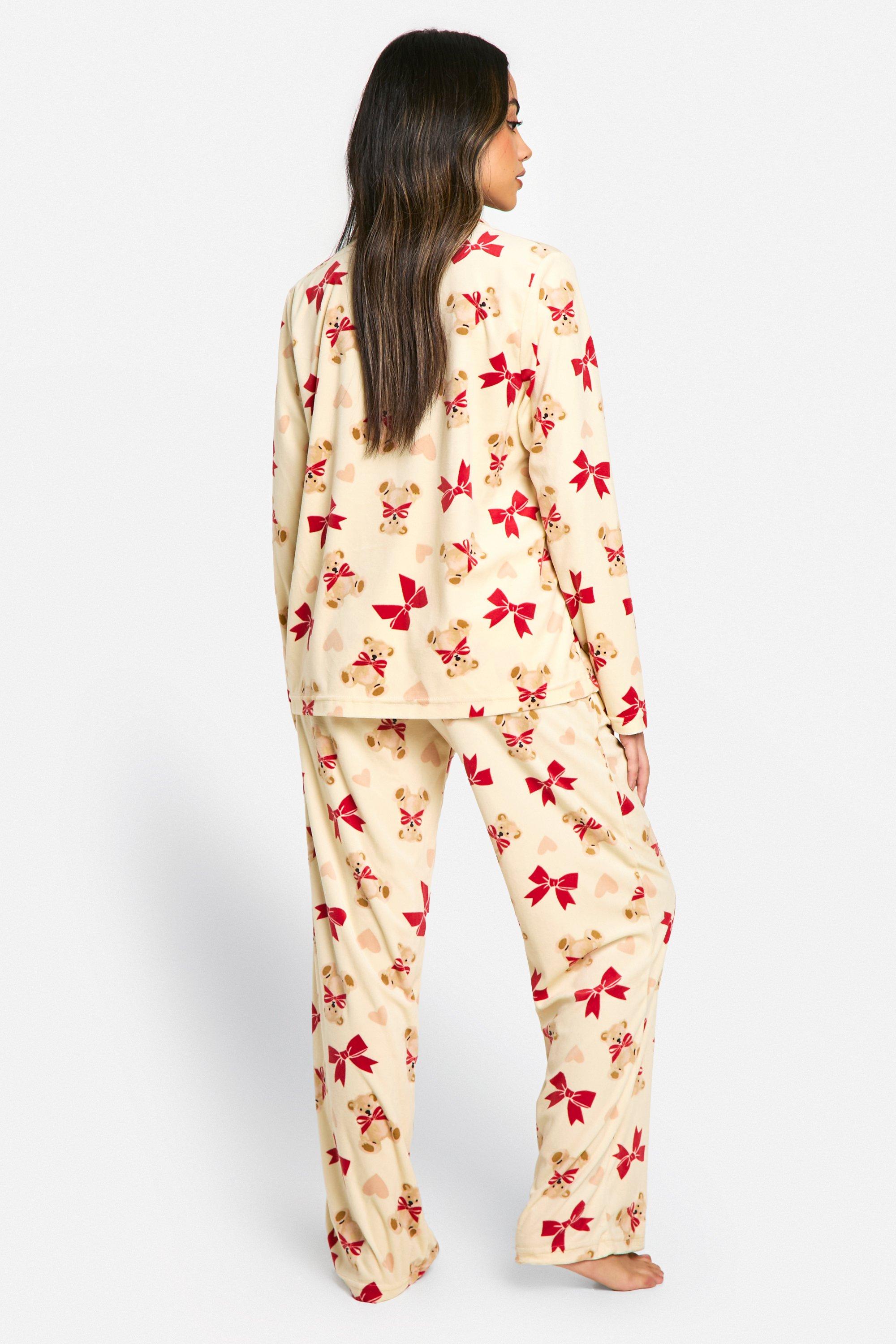 Bear And Bow Print Fleece Trouser Pyjama Set boohoo CA