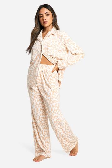 Tonal Leopard Fleece Trouser Pyjama Set cream