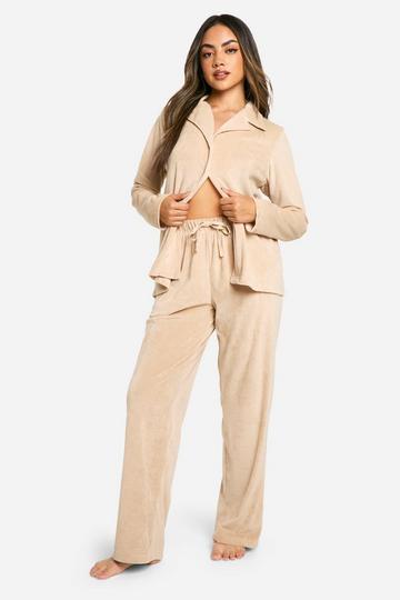 Rib Fleece Button Front Pyjama Set mocha