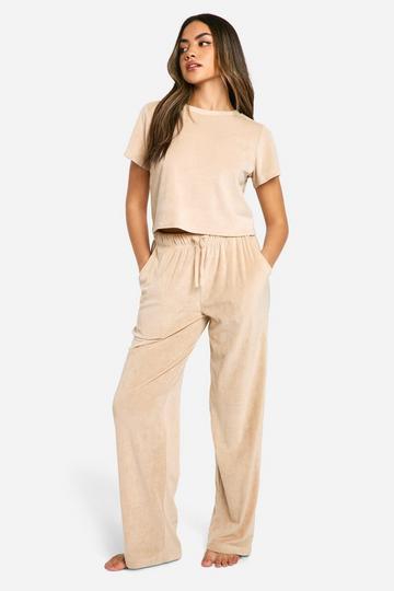 Rib Fleece Baby Tee And Wide Leg Pants Set mocha