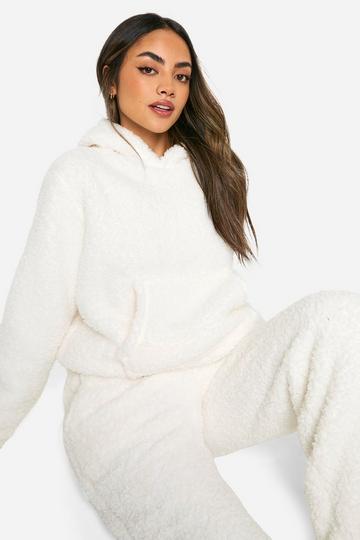 Cream White Fluffy Fleece Hoody And Wide Leg Jogger Set